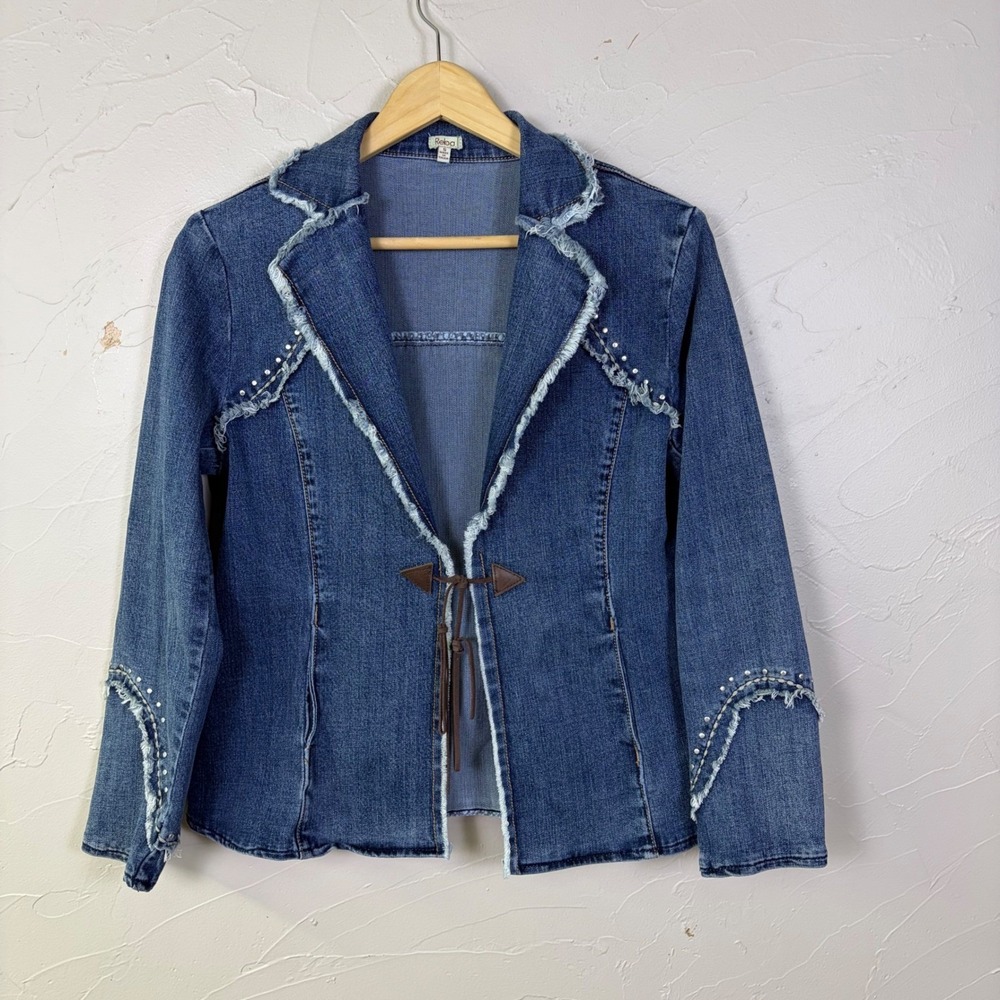 Reba Denim Blazer Jacket Women Small Studded Frayed Western Cowgirl Boho